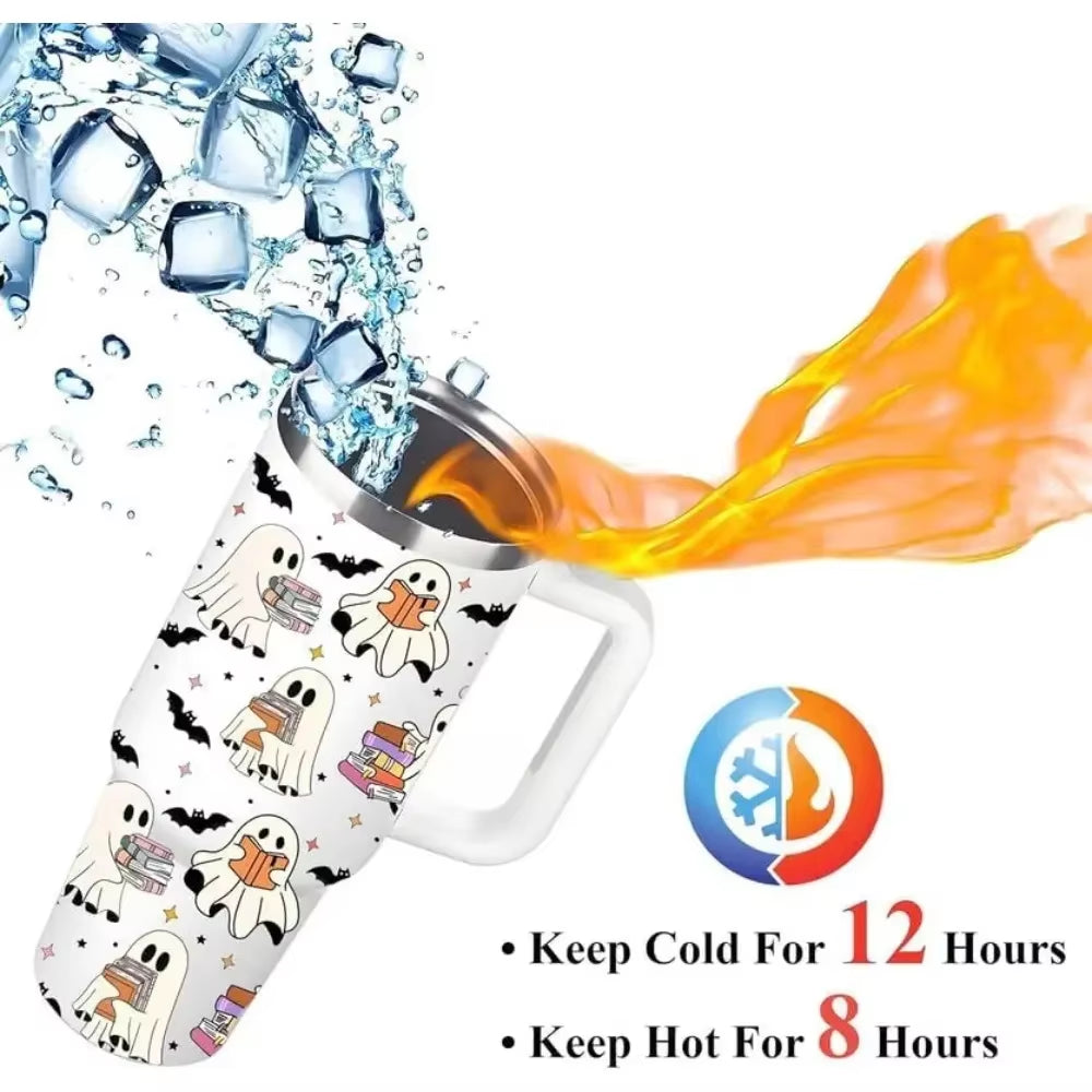 Ghost Reading Tumbler 40Oz with Handle - Halloween Kitchen Decor, Book Reader Gift for Friend,Gift for Mom, Dad, Sister