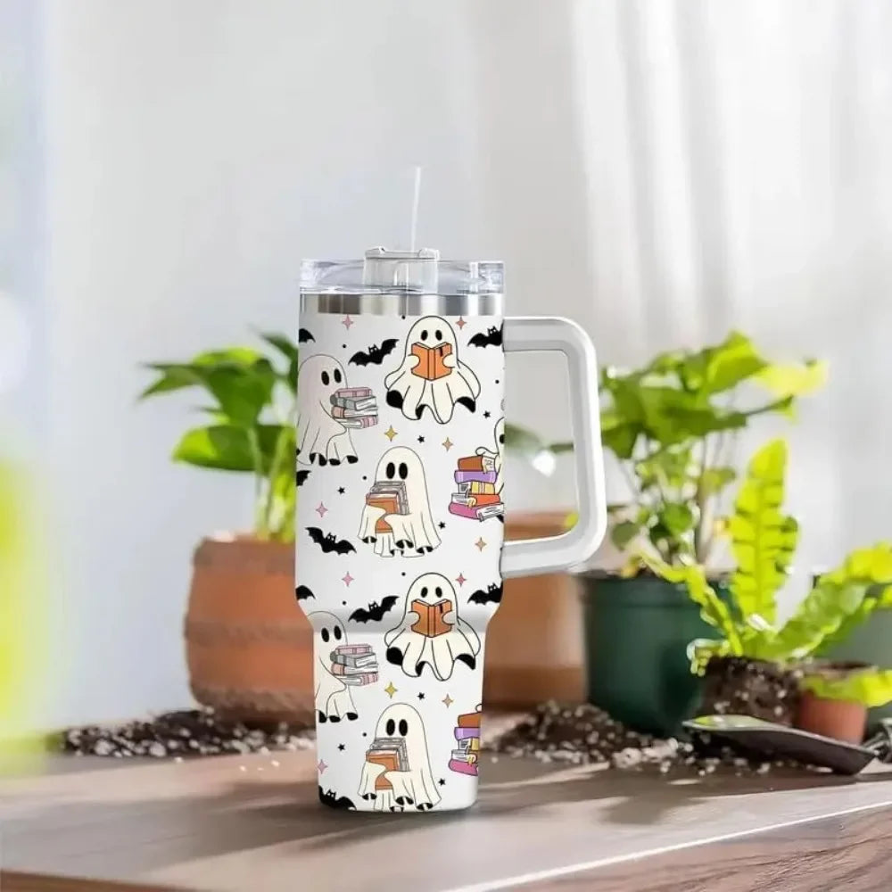 Ghost Reading Tumbler 40Oz with Handle - Halloween Kitchen Decor, Book Reader Gift for Friend,Gift for Mom, Dad, Sister