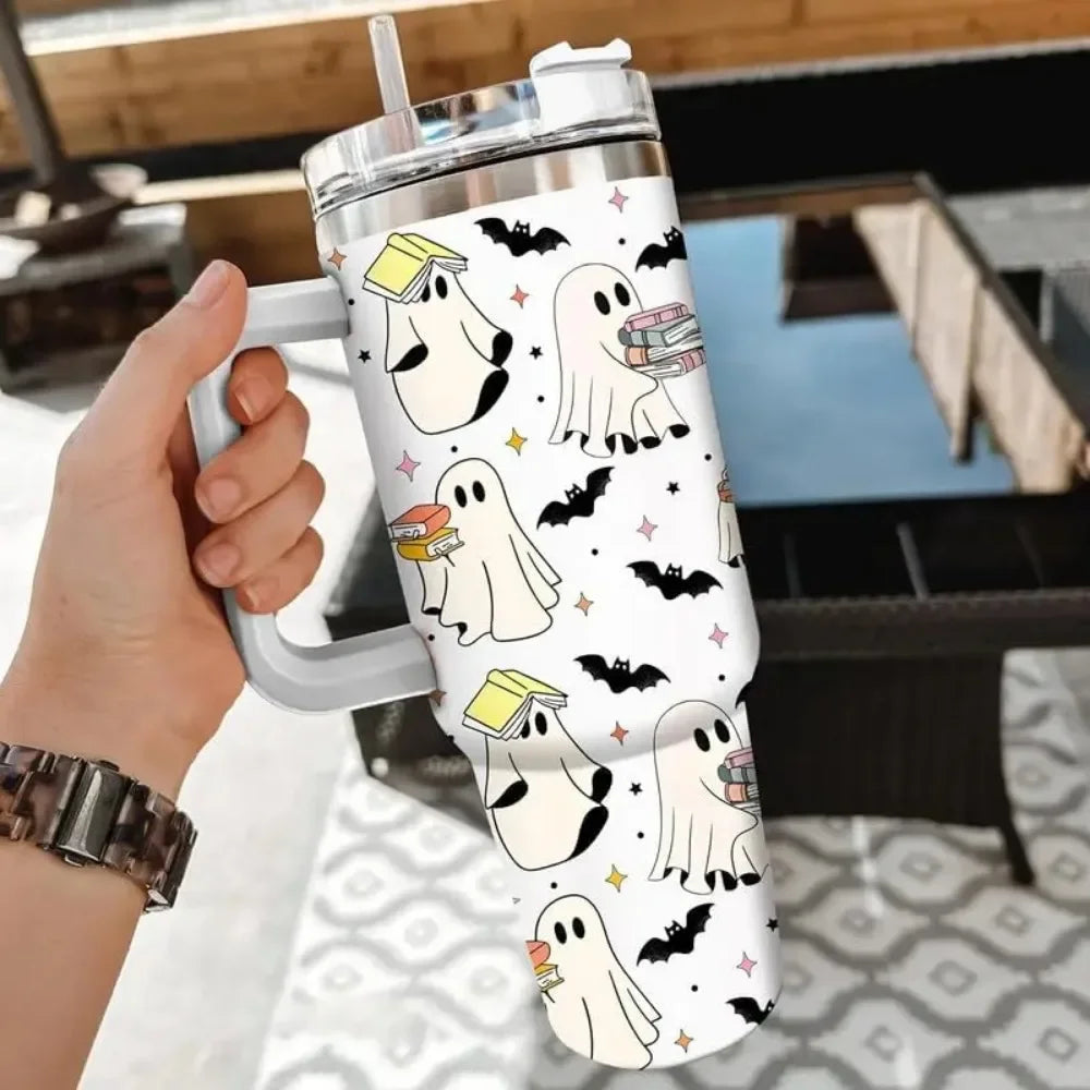 Ghost Reading Tumbler 40Oz with Handle - Halloween Kitchen Decor, Book Reader Gift for Friend,Gift for Mom, Dad, Sister