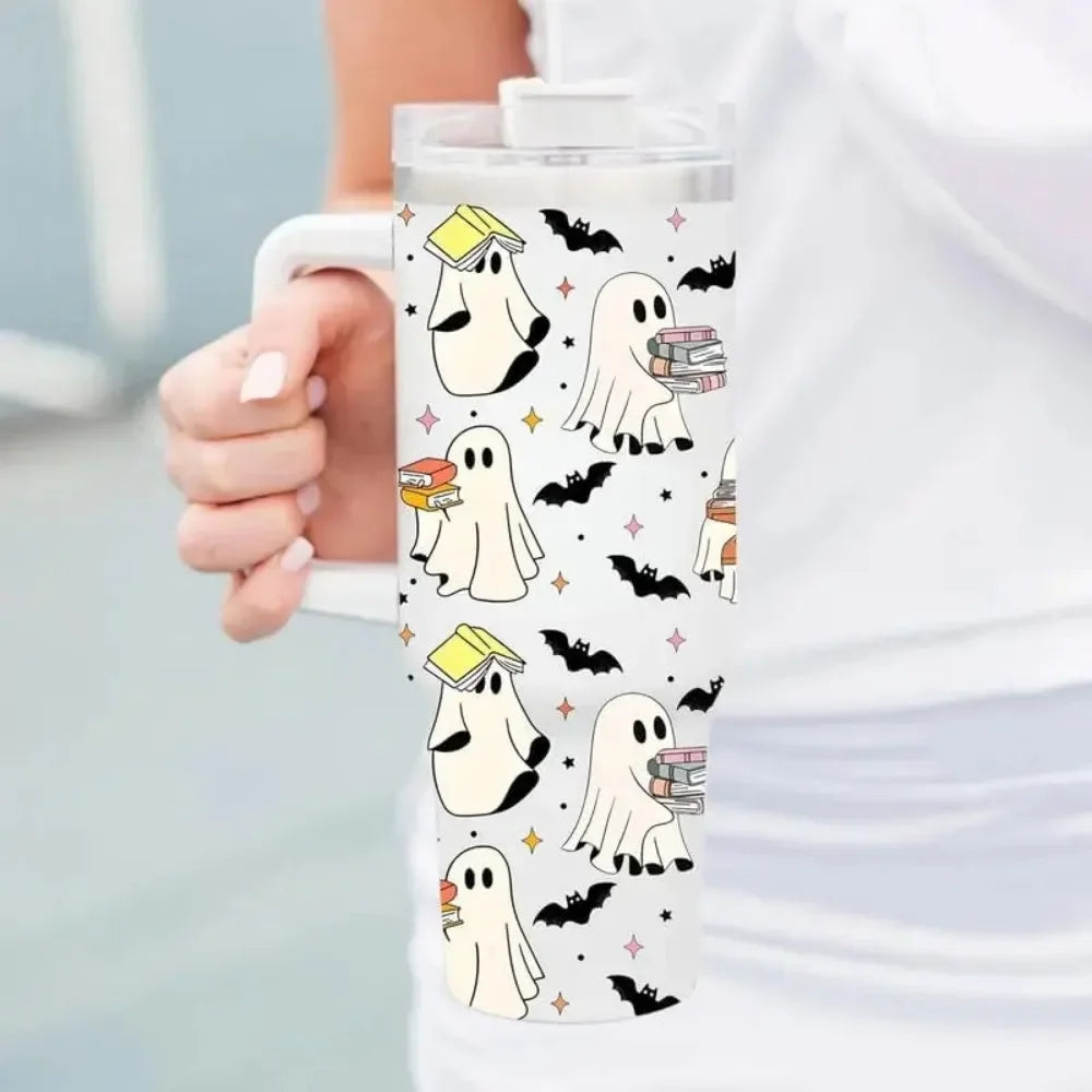 Ghost Reading Tumbler 40Oz with Handle - Halloween Kitchen Decor, Book Reader Gift for Friend,Gift for Mom, Dad, Sister