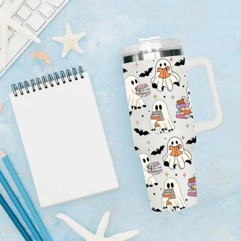 Ghost Reading Tumbler 40Oz with Handle - Halloween Kitchen Decor, Book Reader Gift for Friend,Gift for Mom, Dad, Sister