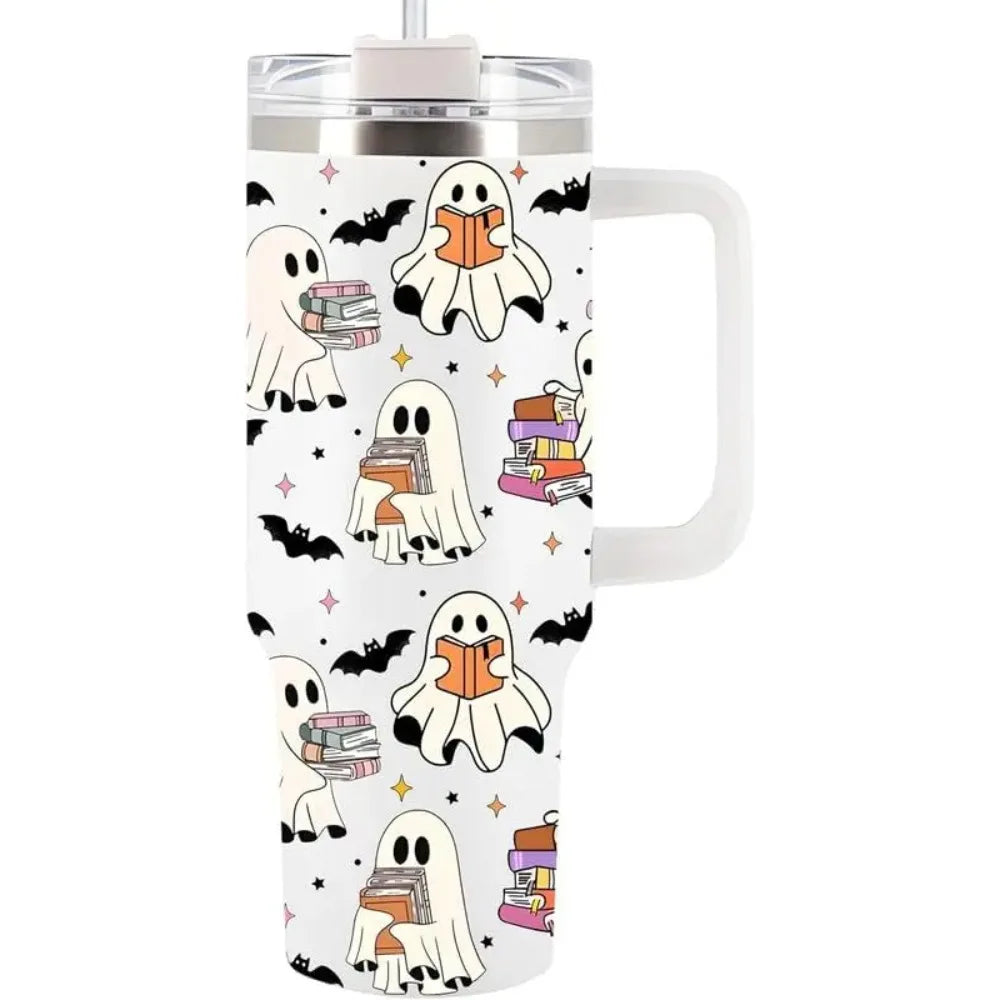 Ghost Reading Tumbler 40Oz with Handle - Halloween Kitchen Decor, Book Reader Gift for Friend,Gift for Mom, Dad, Sister